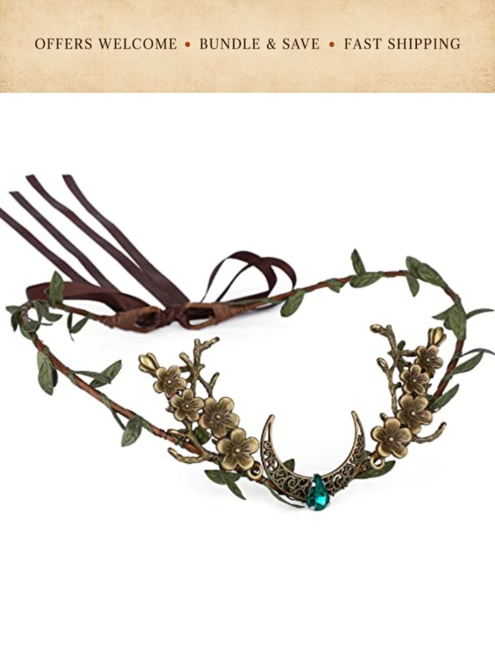 Handmade Woodland Elf Crown Headband Crystal Moon Circlet for Cosplay